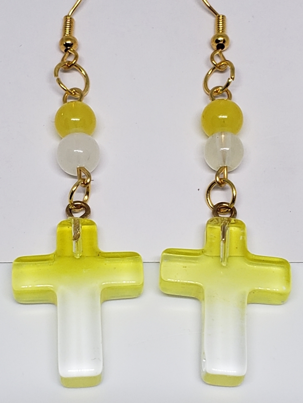 Handmade Beaded Glass Gradient Yellow Cross Dangle Earrings